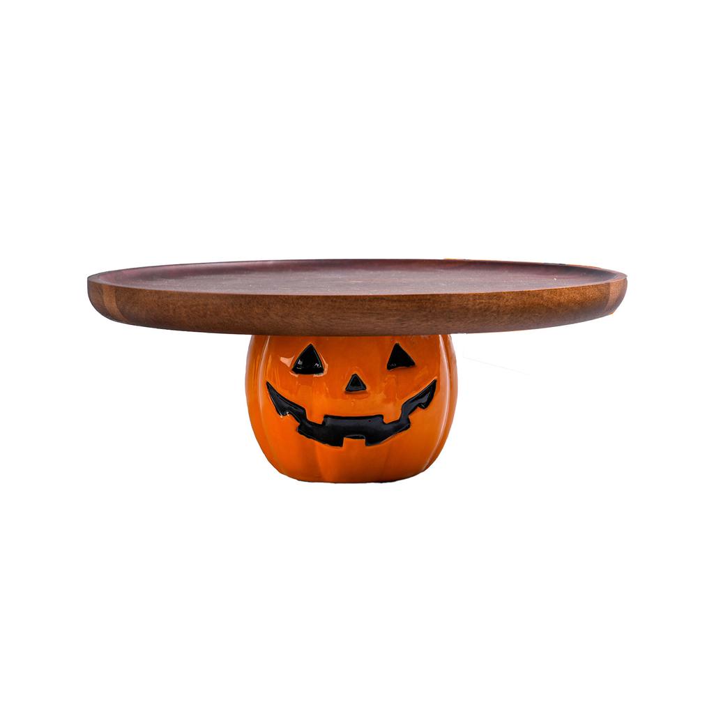 Halloween Pumpkin Wooden Serving Tray – Wooden Dessert and Bread Display Stand for Holiday Party Décor