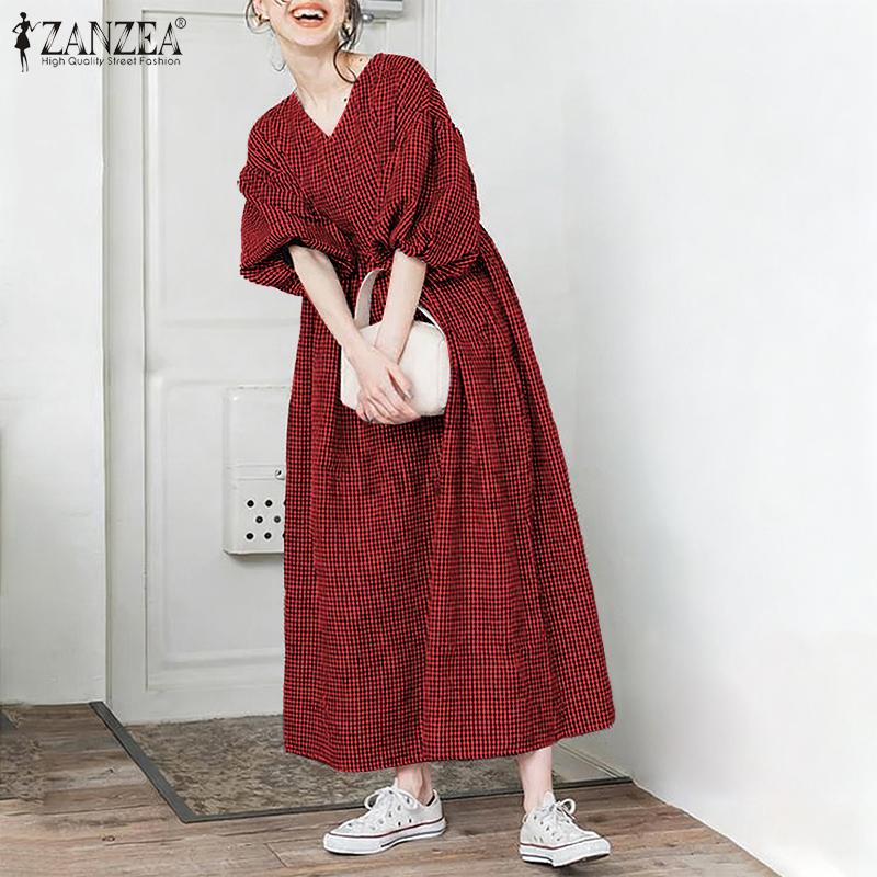 ZANZEA Women Casual V-Neck Summer Short Sleeve Plaid Print Dress