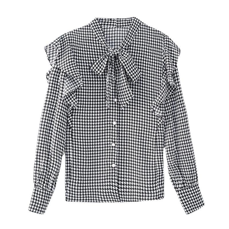 Thousand Bird Grid Shirt for Women Spring Clothing Bow Tie Shirt for Women Fashionable Versatile Top Blouses & Shirts