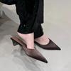 French Catwalk Model Pointed Triangle Thick Heel Satin Half Slippers Female 2025 Summer Wear Fairy Lazy Cool Slippers