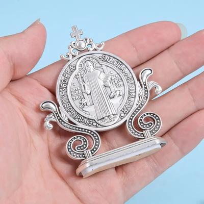 St. Benedict Cross Craft Ornament Enamel Metal Saint Benedict Statue Car Home Office Table Decoration Religious Blessing Decor