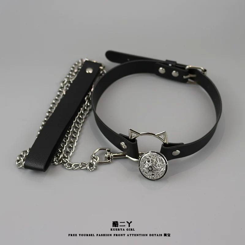 Classic Black Leather Choker with Bell and Leash for Men Punk Necklace Cosplay