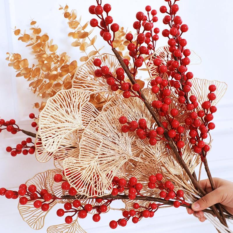 New Year'S Berry Flower Arrangement Chinese Red Fruit Golden Simulated Leaves Wealth Fortune Blessing Flower Vase Bucket Decor