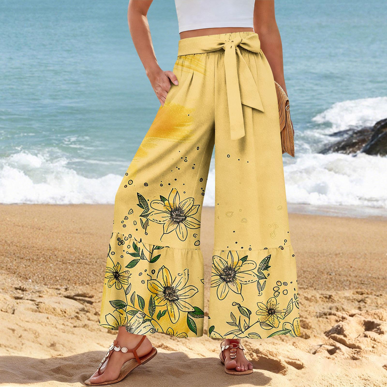 Women s Wide-Leg Casual Pants, Stretch, High Waist, Ruffled Hem, Wide Legs, Belted, And Pockets XL жёлтый