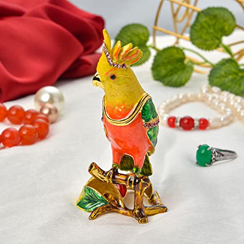 FJ FENGZHIJIE Trinket Box with Hinged Parrot Bird Figurine, Golden Crystal Enamel Cocktail Home Decor, Bird Lover Gift