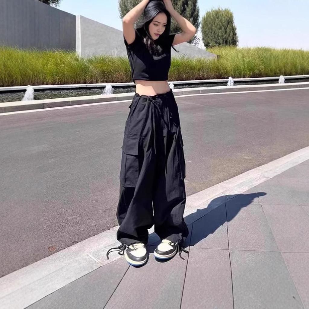 Women's Black Quick-Dry Wide-Leg Cargo Pants for Summer - Petite Jazz Street Dance Trend