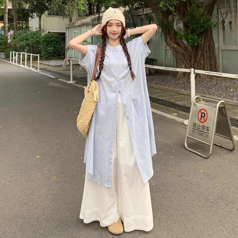 Blue striped short-sleeved shirt dress women's summer 2026 new loose casual fashion wide-leg pants two-piece set