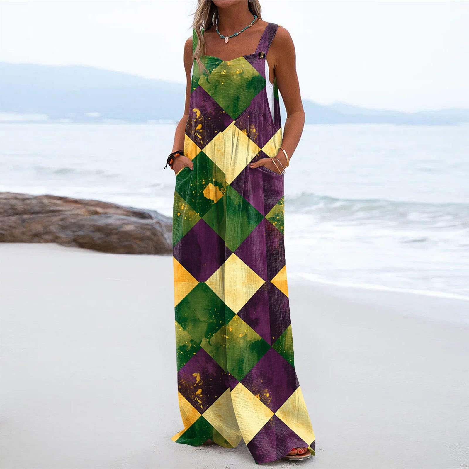 

Широкий комбинезон для женщин, повседневный свободный комбинезон без рукавов с принтом и пуговицами, длинные брюки, комбинезон с карманами S