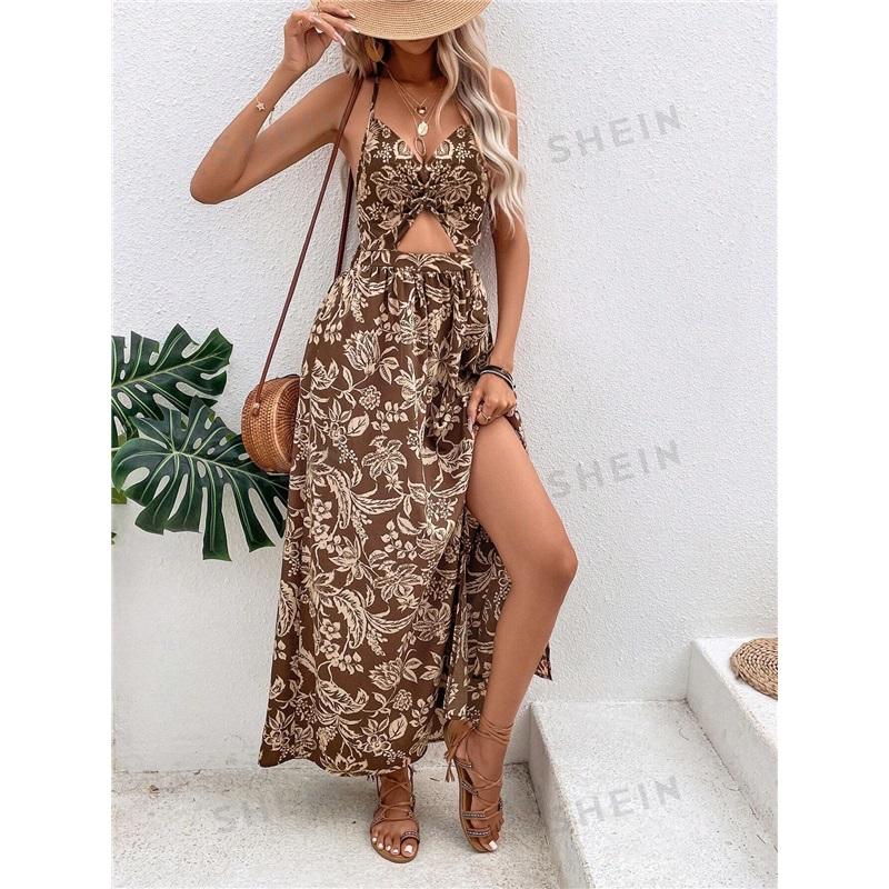 Women's Summer New Style Hollow Twisted Pleated Halter Printed Dress Temperament Romantic Beach Casual Long Skirt