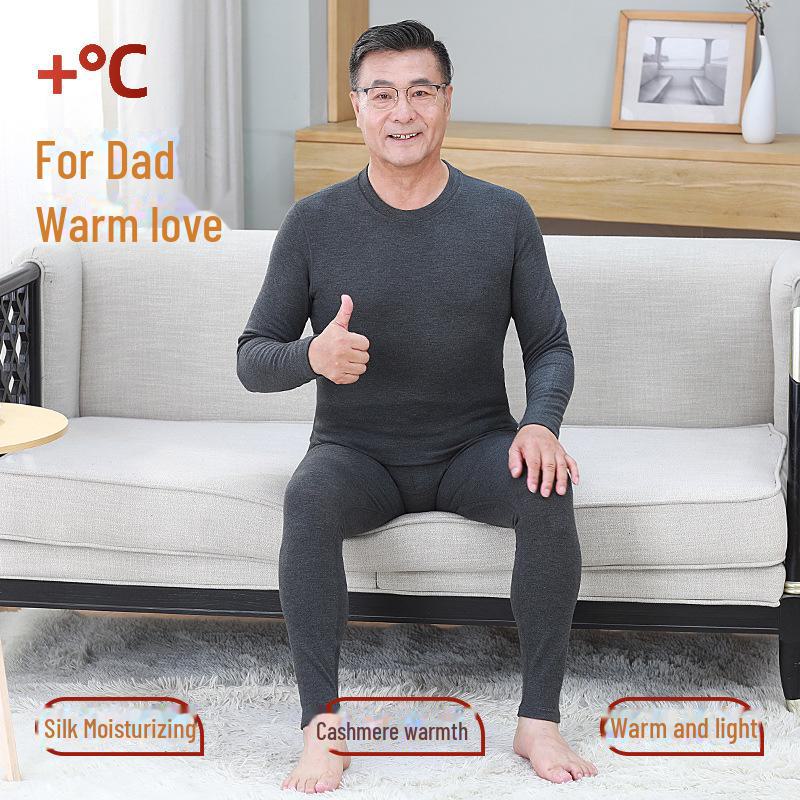 Silk Cashmere Men's Thermal Set: Autumn Round Neck, Slightly Loose Fit, Middle-aged & Elderly Warmth