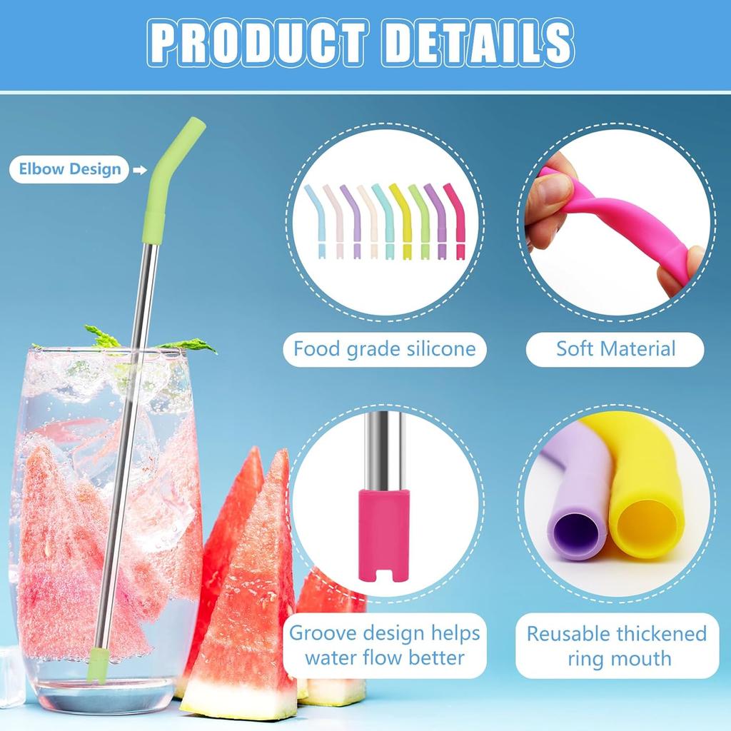 KEIFIN 18 Pcs 8mm 10mm Silicone Straw Tips with Bottom Sleeve Reble Food Grade Rubber Straw Tips for Metal Glass Straws Replaceable Flex Toppers