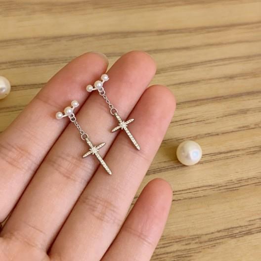 Cross Pearl Fringed Stud Earrings High-End Sense Niche Design Long Temperament Earrings Versatile