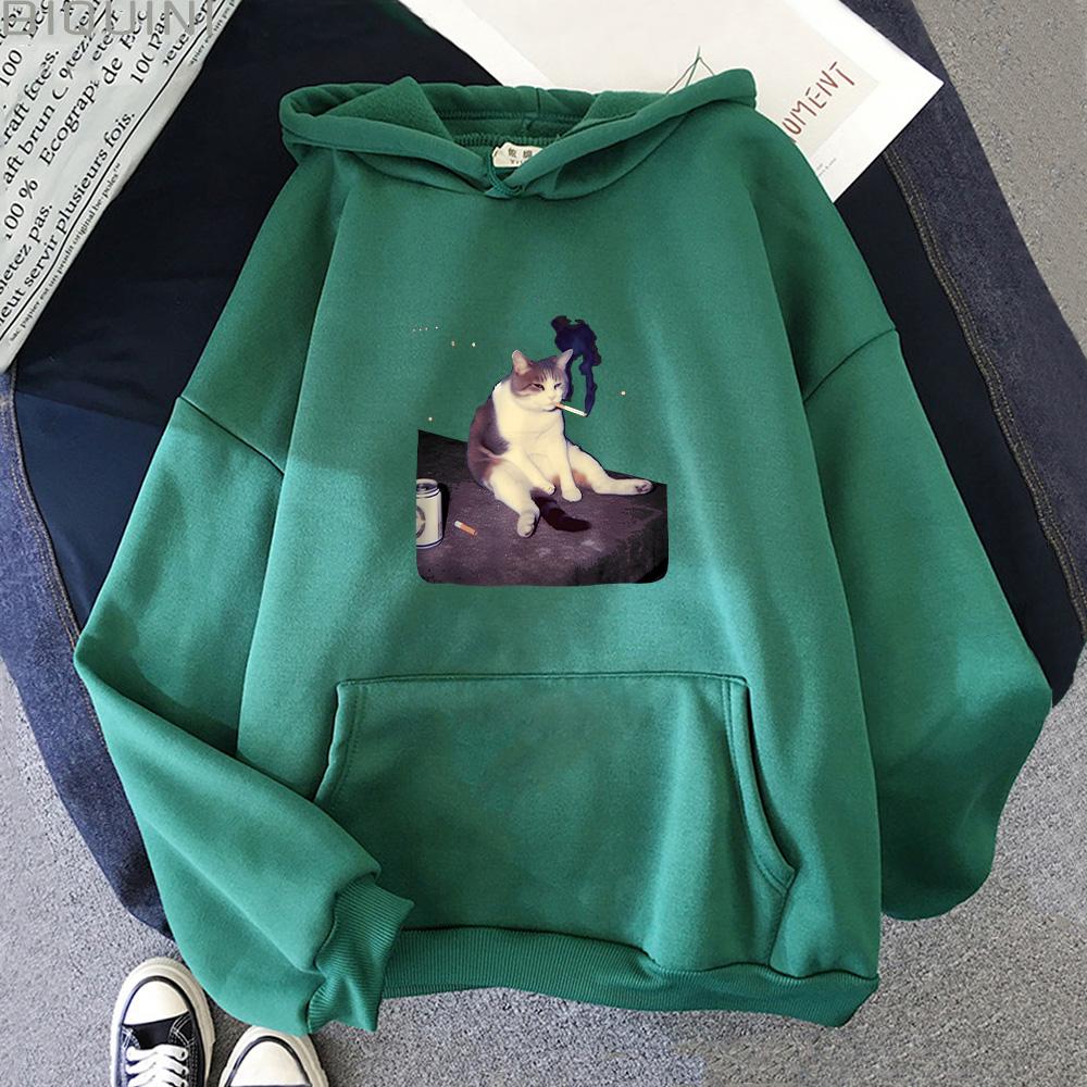 Funny Smoking Cat Meme Hoodies Cigarette Cat Cartoon Print Sweatshirt Cat Lover Unisex Pullover Stupid Brainrot Gift Streetwear Men women Anime jacket