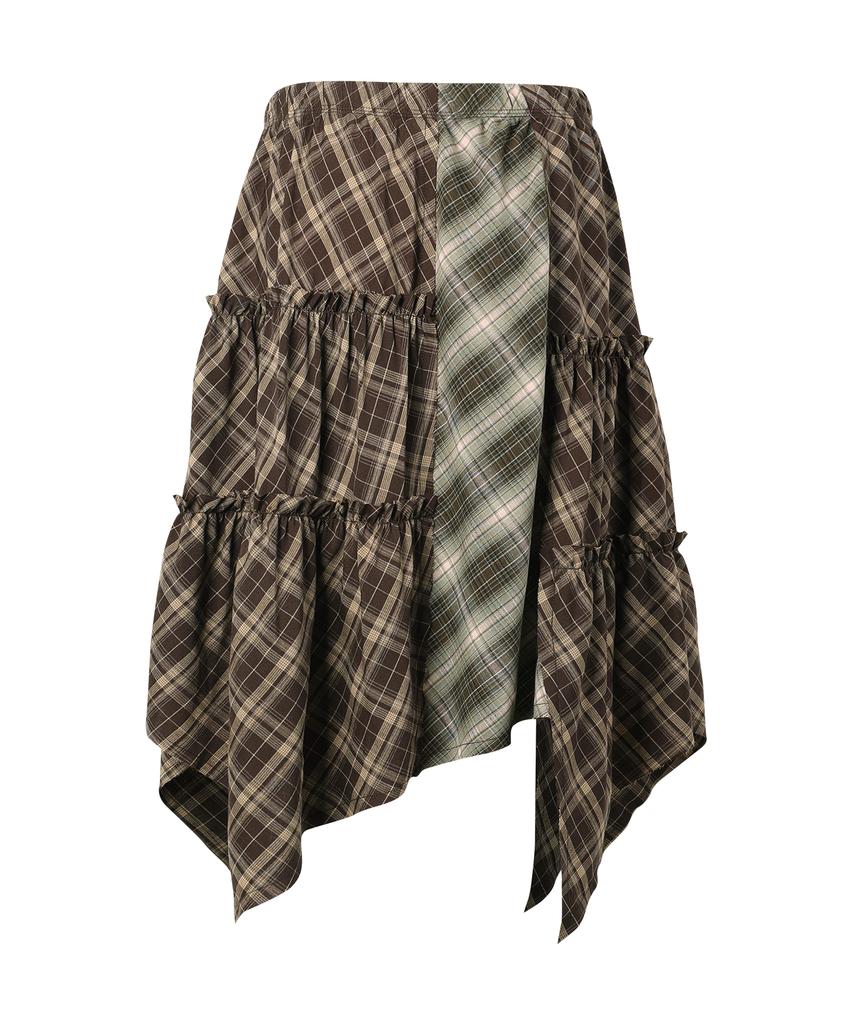 The Vinyl House Unbalance Layered Check Skirt (W) Brown