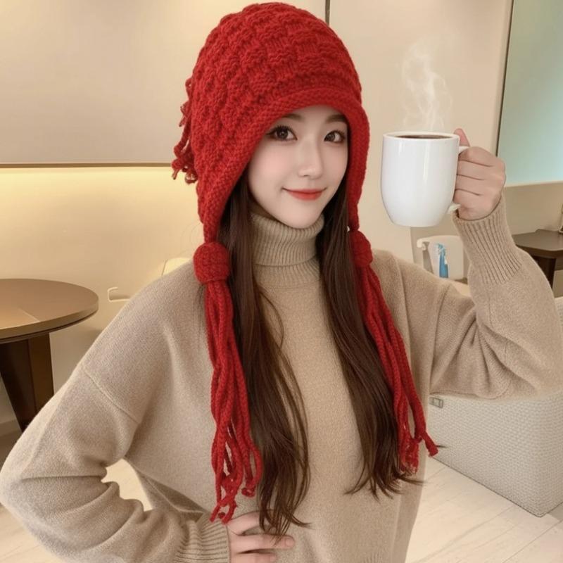 Autumn and Winter Sweet Knitted Hat with Long Tassels Windproof Ear Protection Hat Keep Warm Women Bucket Cap