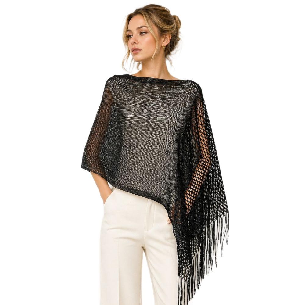 Women Glitter Mesh Tassel Hollow Knit Shawl, Gold Silver Yarn Fashion Wrap for Dinner Party Spring Summer