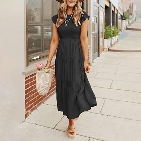 Women Dress Flying Sleeves Large Hem Summer Smocked Tiered Dress Streetwear