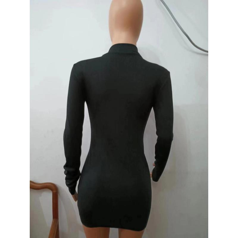 Jarní štíhlé sexy šaty na zip s dlouhým rukávem a výstřihem do V pasu pro ženy