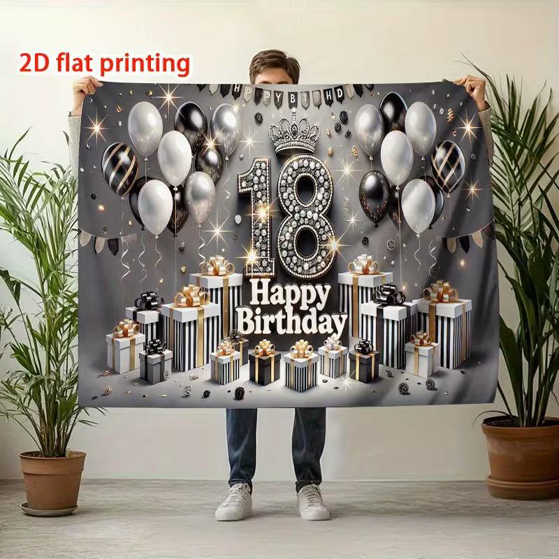 2D Elegant 18th Birthday Backdrop "Happy Birthday" with Diamond Number 18 Party Background