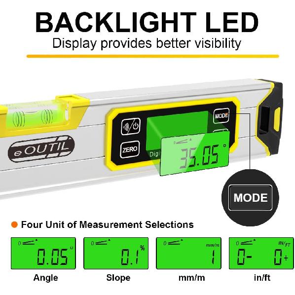 12-Inch Digital Torpedo Level and Protractor Aluminum Inclinometer Angle Finder with Backlight LED Display & V-Groove Magnetic Base, IP54 Dust/Water