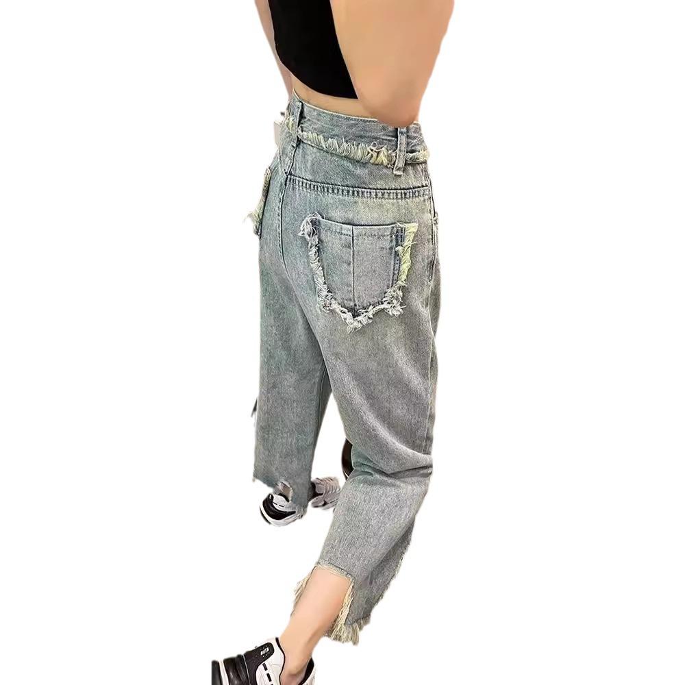 Women's Hip Hop Slim Straight Embroidered Distressed Jeans