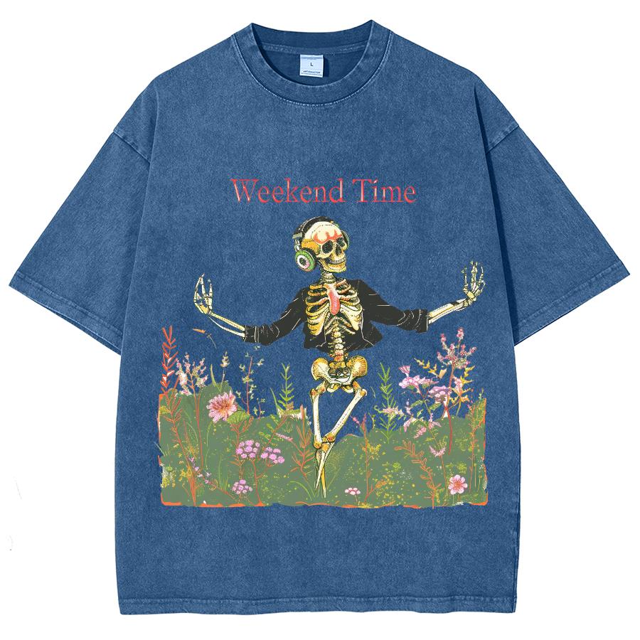 Summer Women's T-Shirt Blue Oversize Y2K Skull Print Crew Neck Loose Short Sleeve Unisex Wash Retro Funny Top