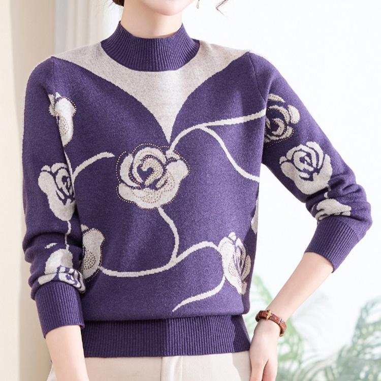 Women's Colorblock Stand Collar Sweater Long Sleeve Rhinestone Print Sweater Autumn/Winter
