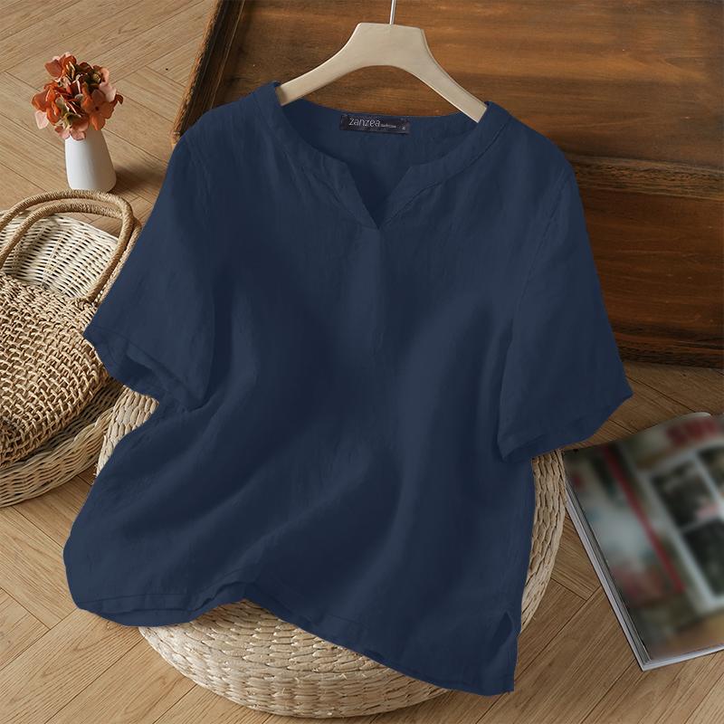 ZANZEA Women Casual V-Neck Solid Color Loose Short Sleeve Blouse