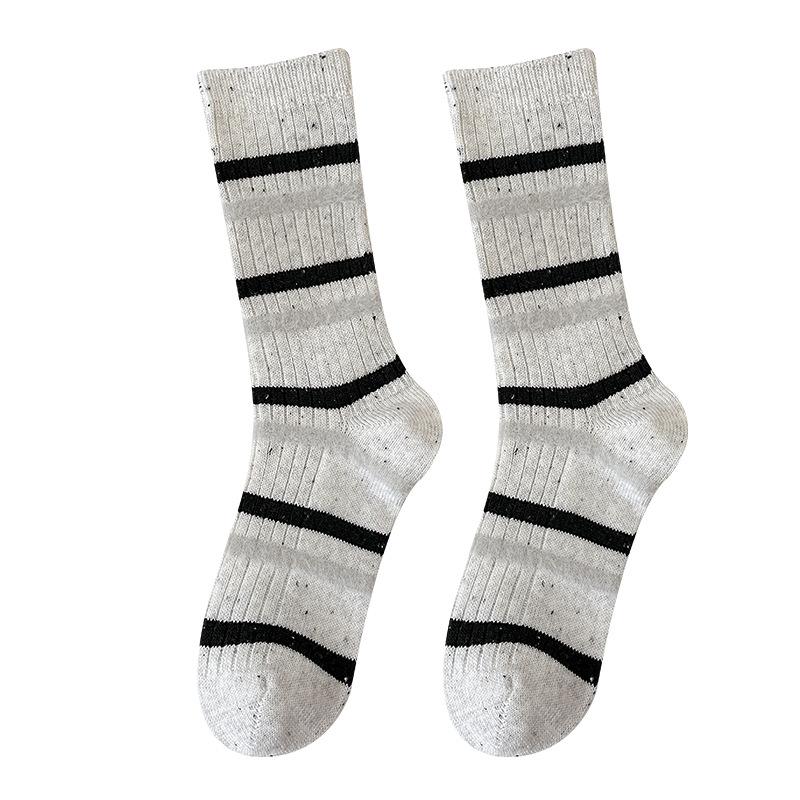 Grey Wool Socks, Autumn and Winter Socks, Women's Mid-calf Socks, Boneless Socks, Warm Thickened Striped Pile-up Long Socks