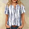 Women’s Fashion Printed Henley Button Neck Short Sleeve Cotton Linen Shirt with Chest Pocket and Modern Abstract Pattern