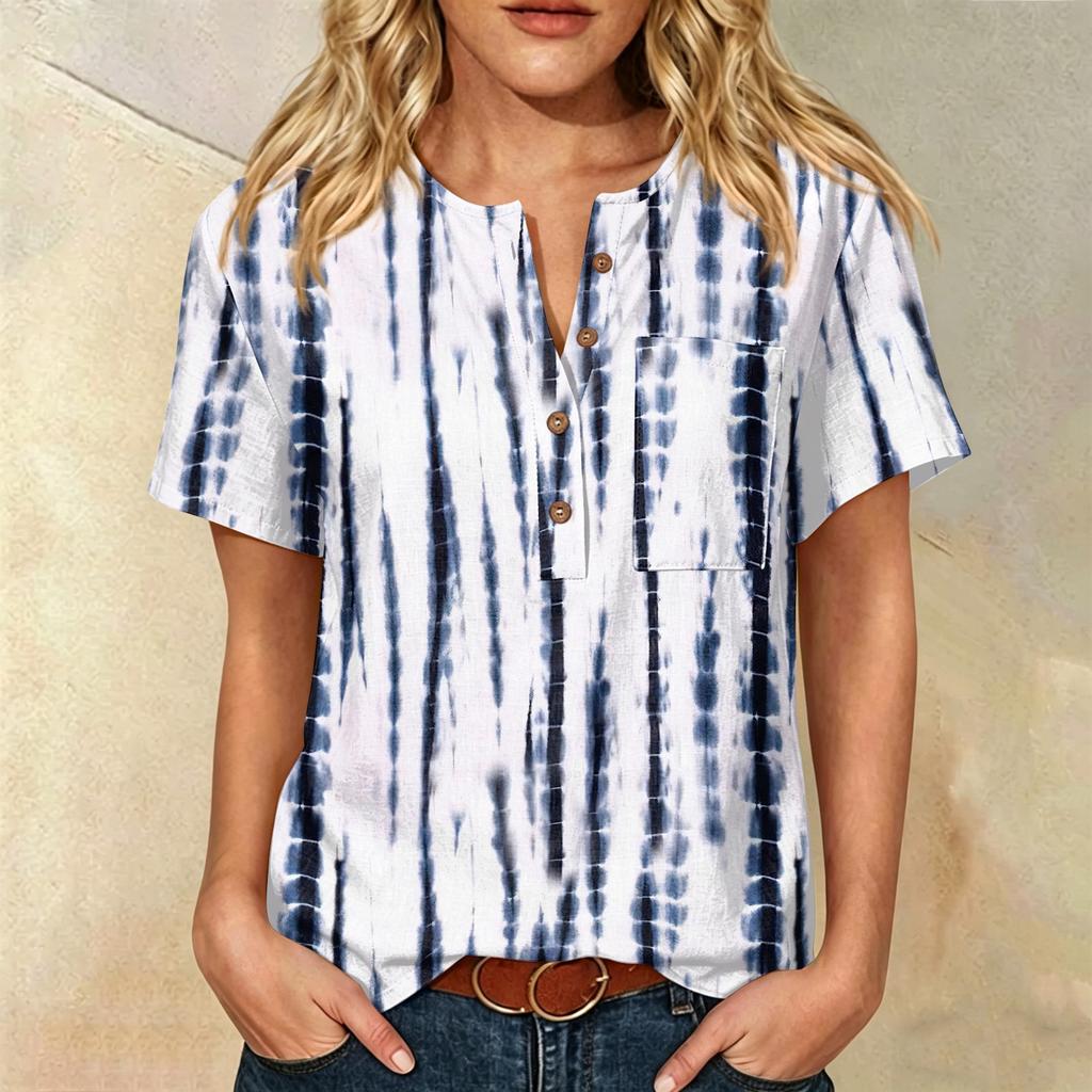 Women’s Fashion Printed Henley Button Neck Short Sleeve Cotton Linen Shirt with Chest Pocket and Modern Abstract Pattern