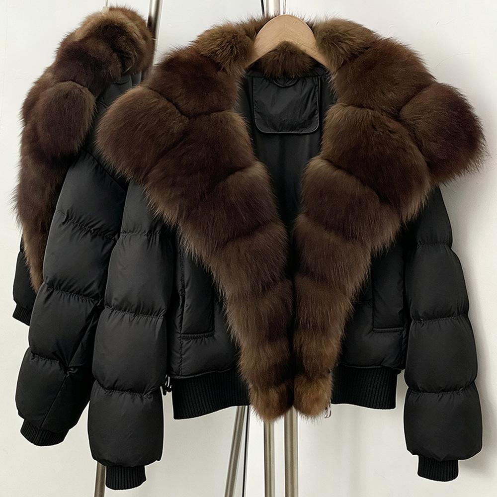 Pinghu duck down warm down jacket women's removable natural real fox fur collar jacket daily versatile top