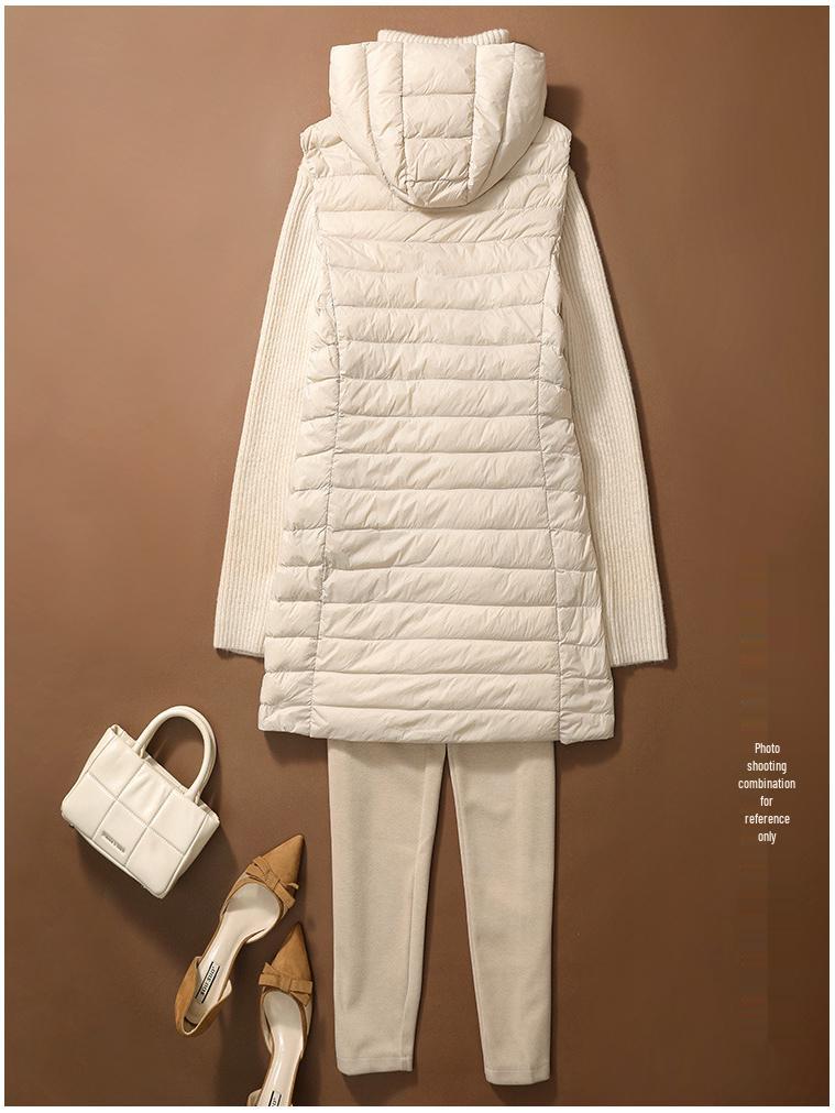 Damen Schlankmachende Leichte Daunenweste, Mittellange Sportjacke & Mütze für Herbst/Winter - Übergröße Verfügbar