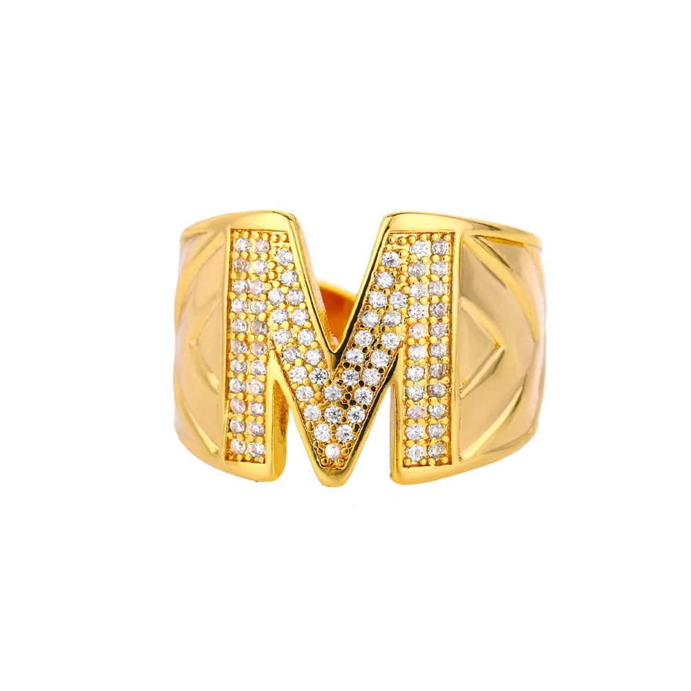 Mikro-Pavé Zirkonia Ring, Ring mit einem Buchstaben, Damenring, offen, verstellbar, k-vergoldeter hellgoldfarbener Ring.