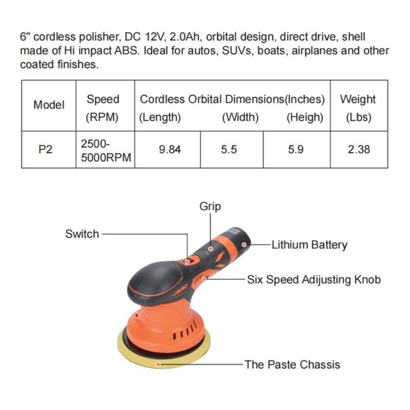 Cordless Car Buffer Polisher Lithium Rechargeable Battery Cordless Polisher with 6 Variable Speed Buffer Polisher