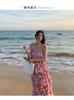 06 Spring/Summer Floral Print Elastic Shrinkle Vacation Dress Pink Skirt Suspender Beach Dress