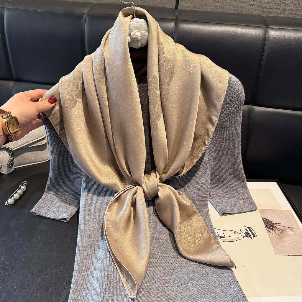 Fashion White-Collar Spring And Autumn Thin Imitation Silk Camellia High-End Silk Scarf Scarf Female Gift Retro Tencel Cotton Headscarf