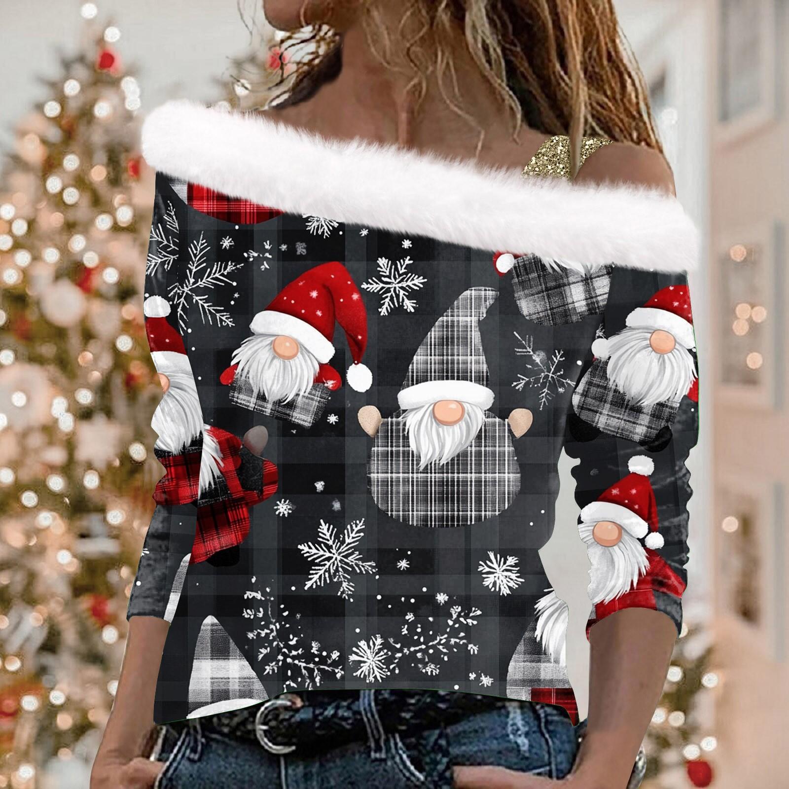 

Женский повседневный модный топ с длинными рукавами и открытыми плечами с рождественским принтом из плюша L