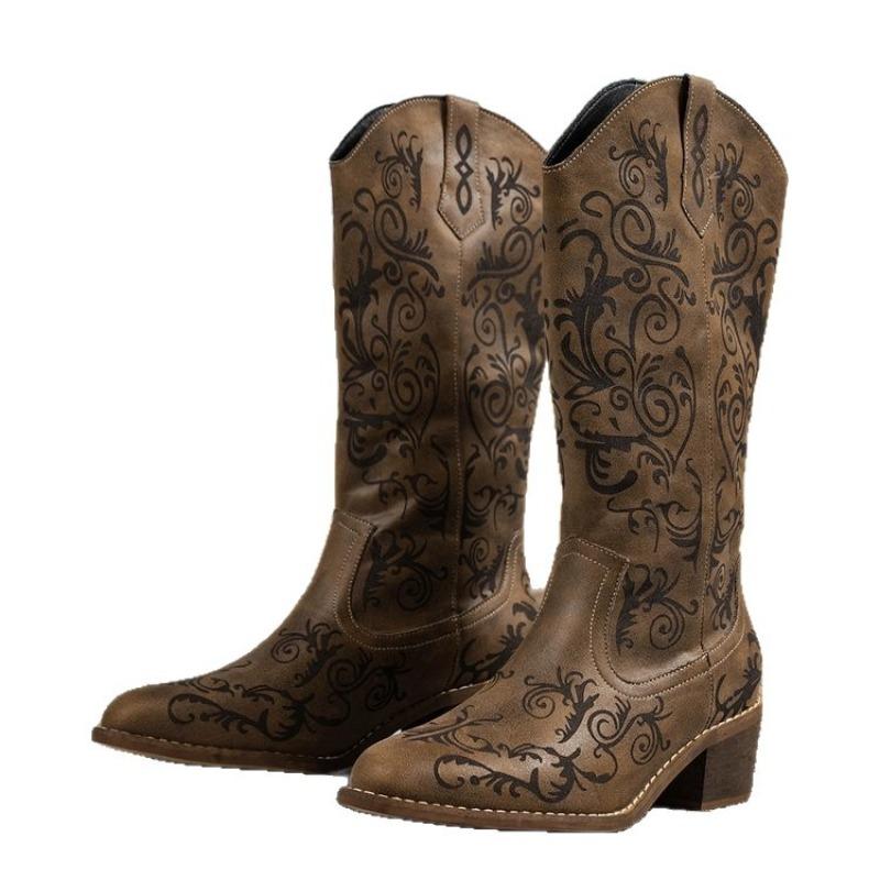 Damen Europäische Größe Holzabsatz Bestseller Western Cowboy Stiefel Kniehoch Neu Bedruckt Slipper High Heel Lederstiefel
