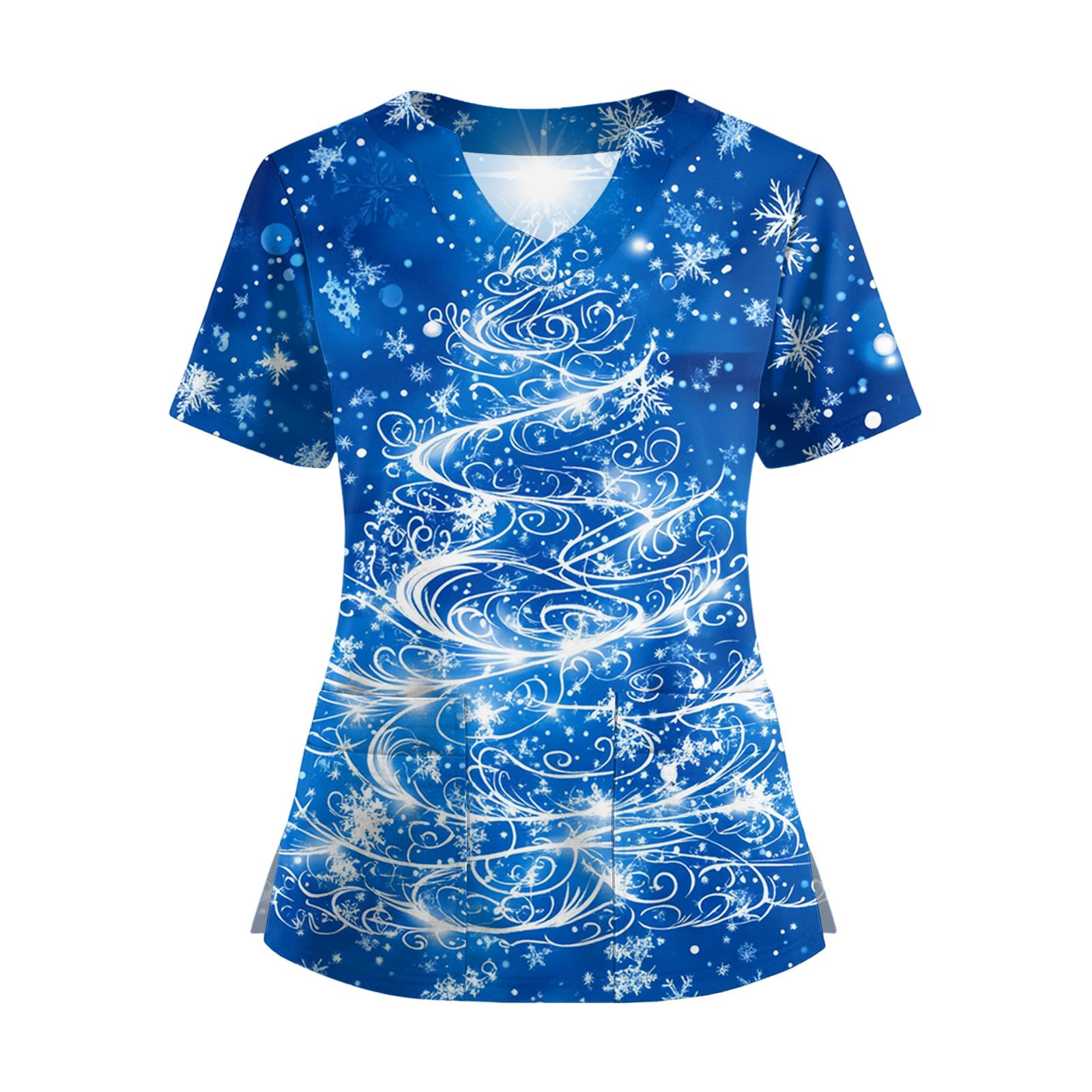 Women s Short Sleeved Christmas Printed V-neck Buttonable Side Slit Top T-shirt L
