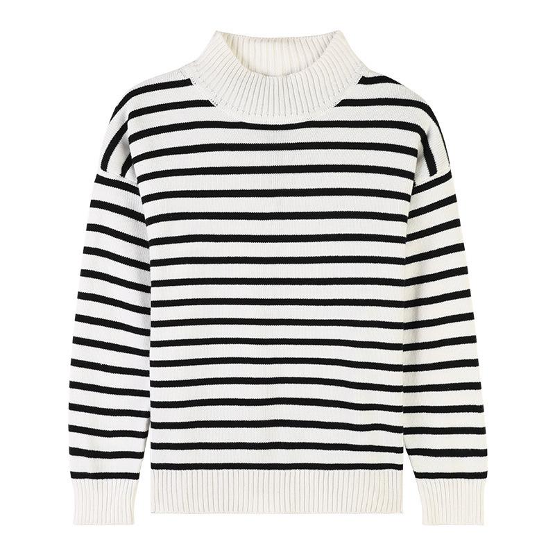 Thick Semi-high-neck Knitted Sweater, Loose Base Layer Shirt, Color-block Stripes, Long Sleeves, Fall/winter Sweater, Women's Top
