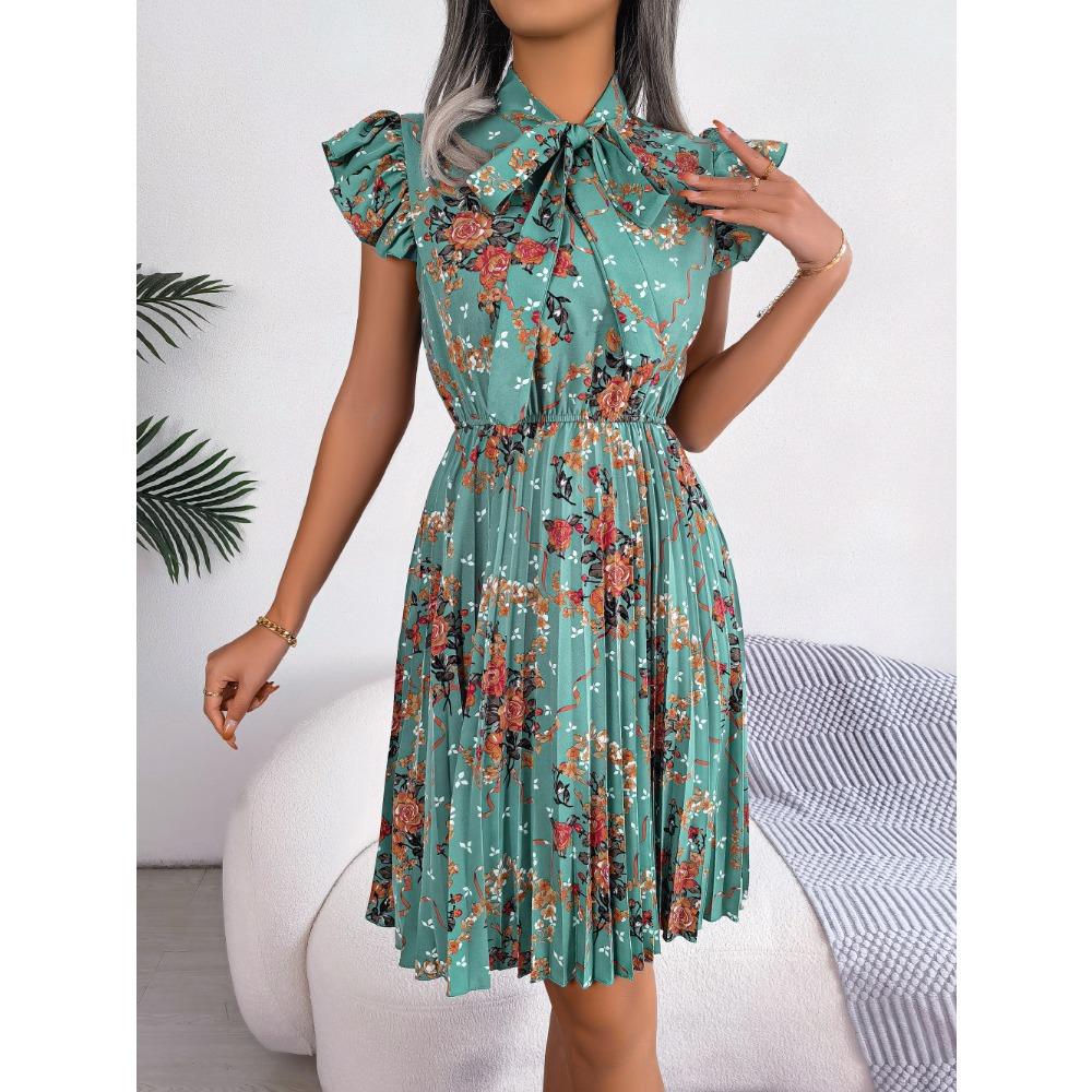 Spring and Summer Temperament Flower Tie Waist Large Swing Pleated Skirt Ladies Fashion Dress Loose Medium Long Skirt