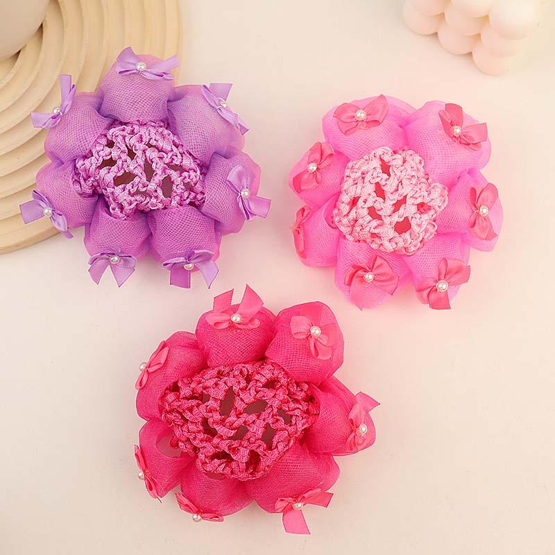 New Child Bowknot Pearl Hair Net Elastic Solid Color Non-Slip Lace Hair Bun for Girl Women Snood Net Hair Accessories