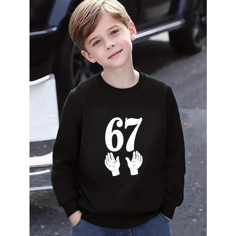 Kids Minimalist Number 67 Two Hands Print Sweatshirt Unisex Boys Girls Simple Crewneck Long Sleeve Pullover Black Casual Children Streetwear Sweat Top 110 чёрный