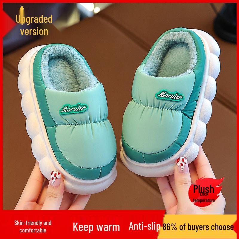 Children's Winter Velvet-Lined Cotton Slippers with Heel Support - Non-Slip, Waterproof, Warm Shoes for Big Kids & Parent-Child Pairs