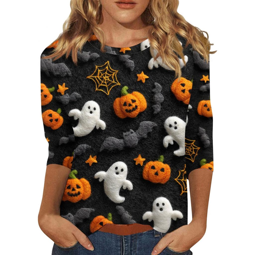 Women's Fashion Casual Round Neck 3/4 Sleeve Loose  Printed T-Shirt Ladies Top