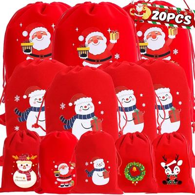 Christmas Red Velvet Gifts Bags Santa Snowman Candy Snack Pouches Drawstring Wrapping Packaging Bag Xmas Party Favors Decoration