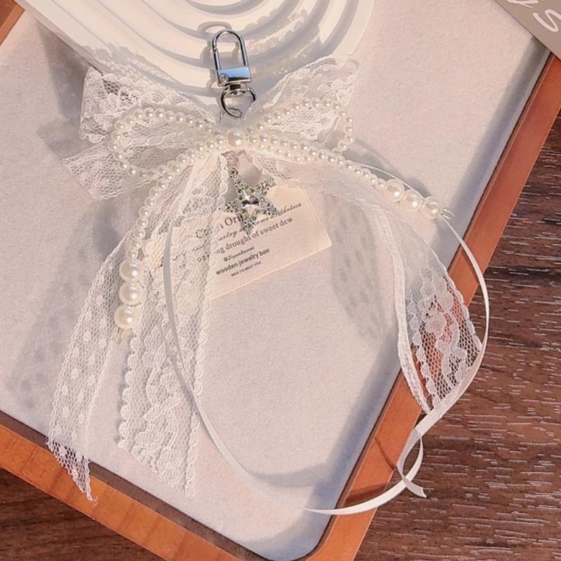 Y2K Trendy Lace Ribbon Bow Keychain Sweet Cool Girly Keyring Bag Pendant Key Hanging Decoration Keycord Girl Gifts