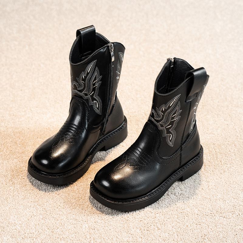 American Retro Girl Boots Princess Embroidery New Leather Boots Children Fashion Leather Boots Knight Boots