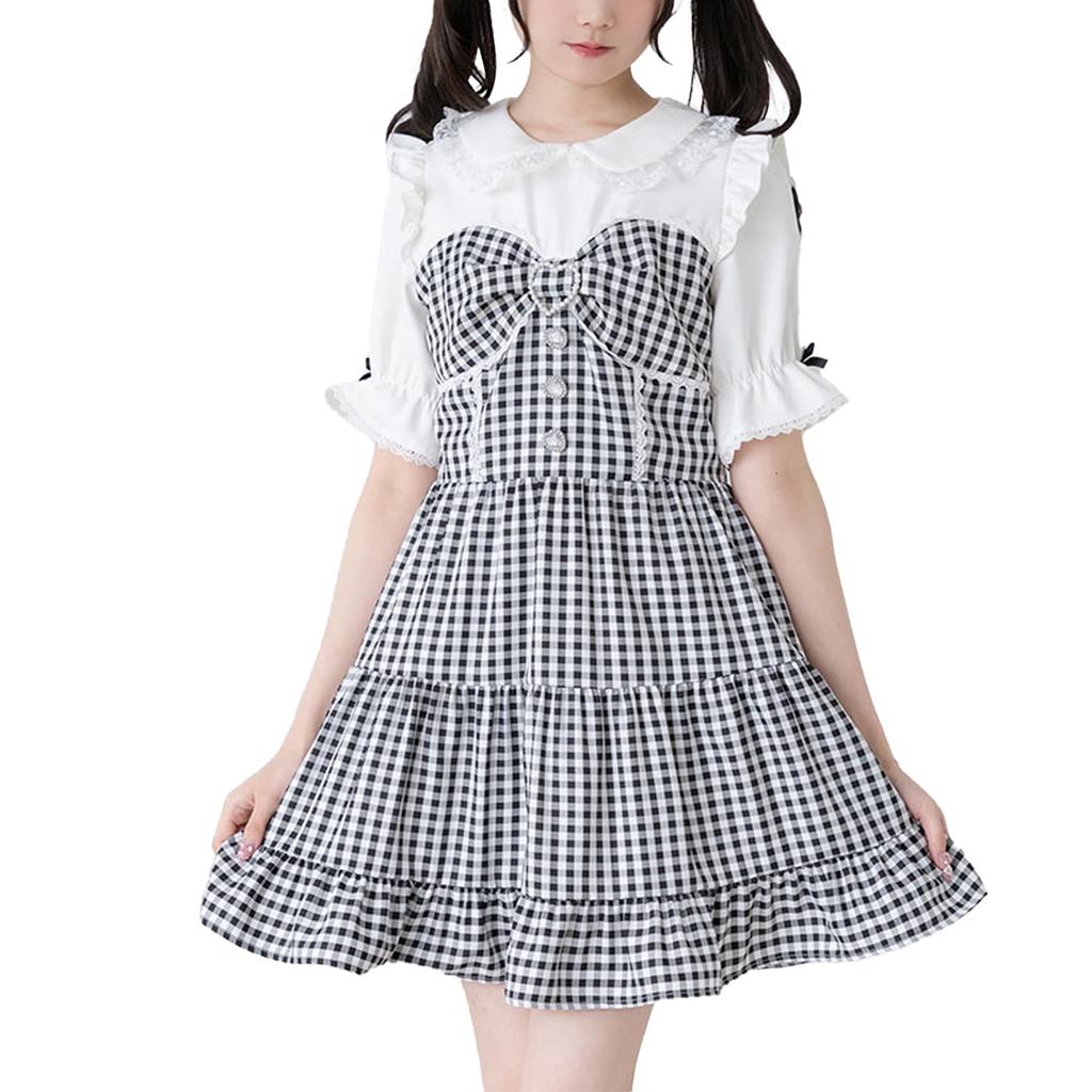 Yumetenbou Mass-Produced Clothing [Dear My Love] Casual Dress, Round Collar, Bustiered Dress, Women's, Gingham Black, Yumetenbou